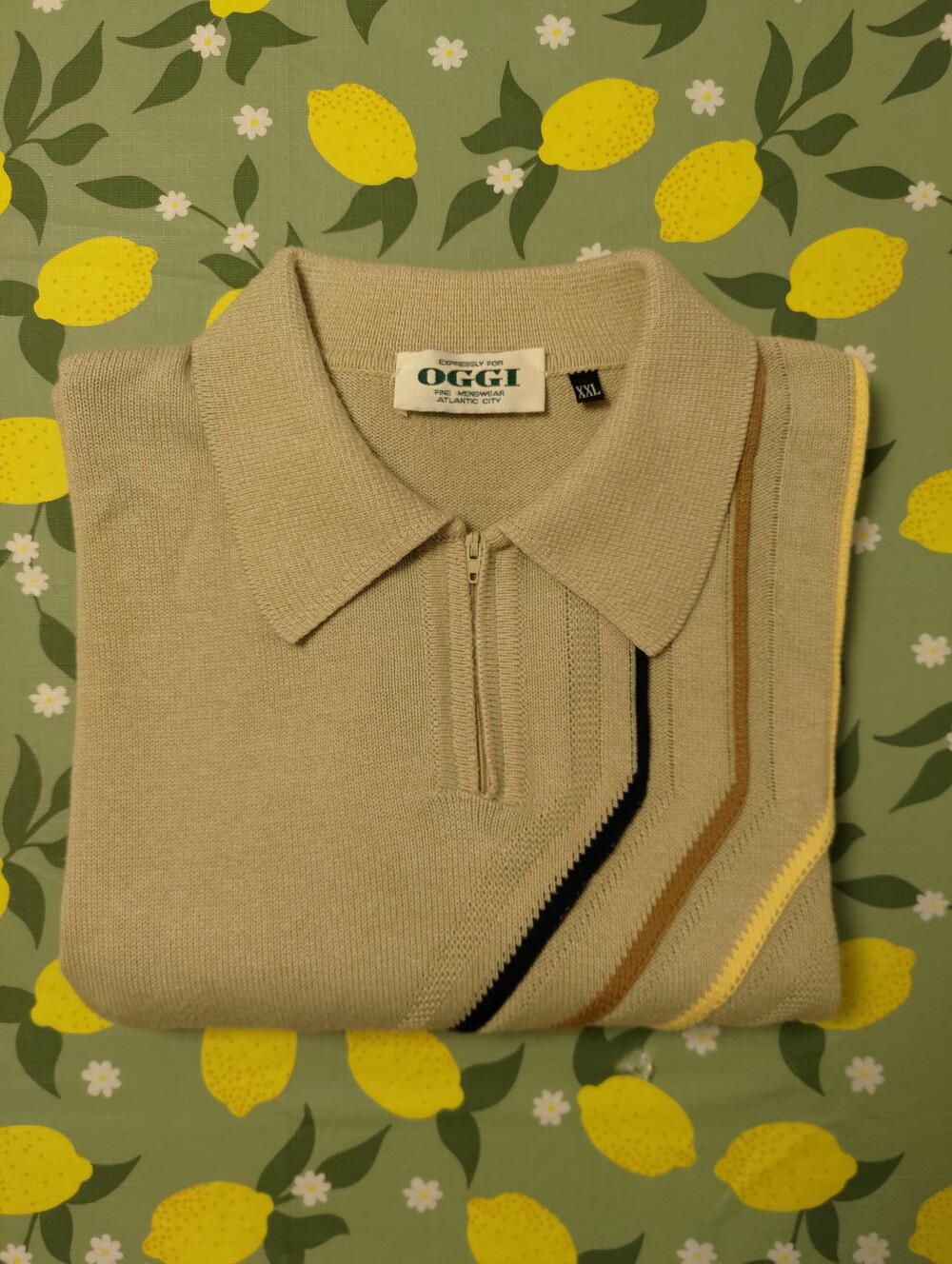 Men's Beige Zip Polo Shirt with Contrast Stripes